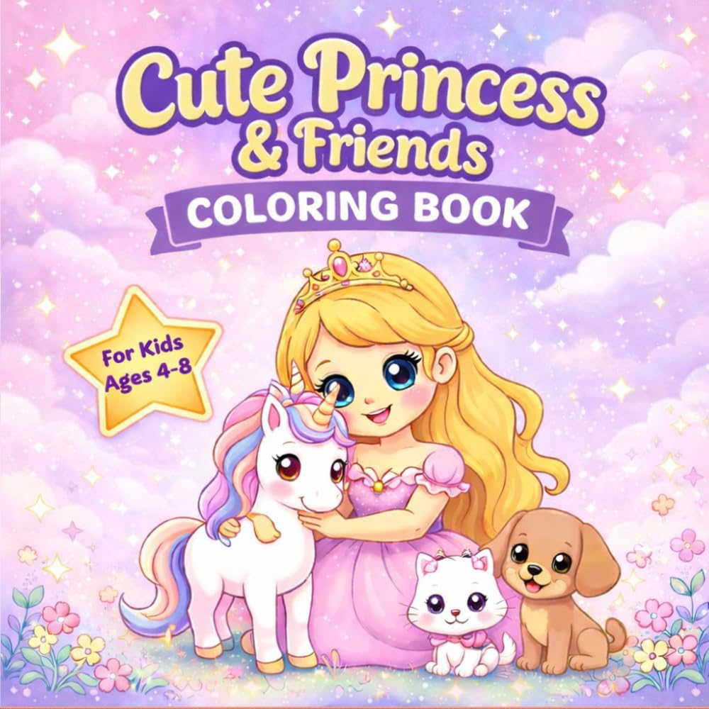 Cute Princess & Friends Coloring Book: 50 Unique Princess Adventures with Cute Animal Friends | Fun and Easy Coloring Pages for Kids Ages 4-8 (Cute Princess Coloring Adventures)