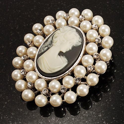 Miniatura 7 de Broche de camafeo de cristal de perlas simuladas (tono plateado), Perla de imitación Cristal Cameo Perla sintética Cristal, Sin gemas.