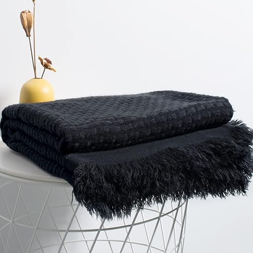 Miniatura 4 de Carriediosa Manta de punto gofre con flecos, cachemira sintética súper suave, manta decorativa de punto con borlas, ligera para exteriores, para