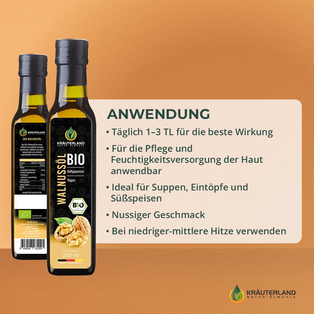 Kräuterland Bio Walnussöl 2X250ml (500ml), Bio Walnusskern, kaltgepresst, naturrein ohne Zusatzstoffe, Vegan & GVO-frei, Premium Qualität