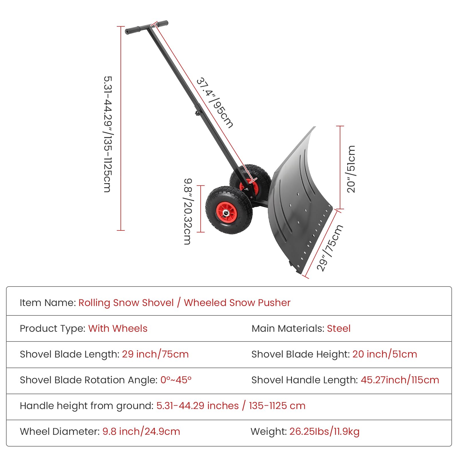 Garvee Pelle à Neige sur Roues Robuste 29" – Lame Acier Inclinée – Poignée Ergonomique Réglable 5 Niveaux – Déneigement Efficace pour Allée, Trottoir, Entrée – Outil Professionnel Hiver