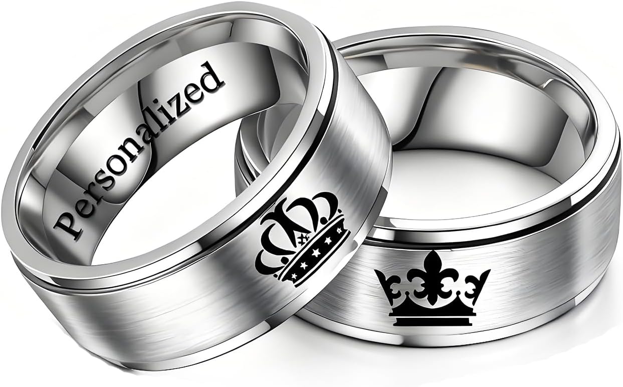 Personalized Photo Crown Ring for Couple Her King His Queen Family Custom Patterns Inside Engraved Text Promise Brithday Gift Titanium Steel Silver Gold Black 8mm 6mm