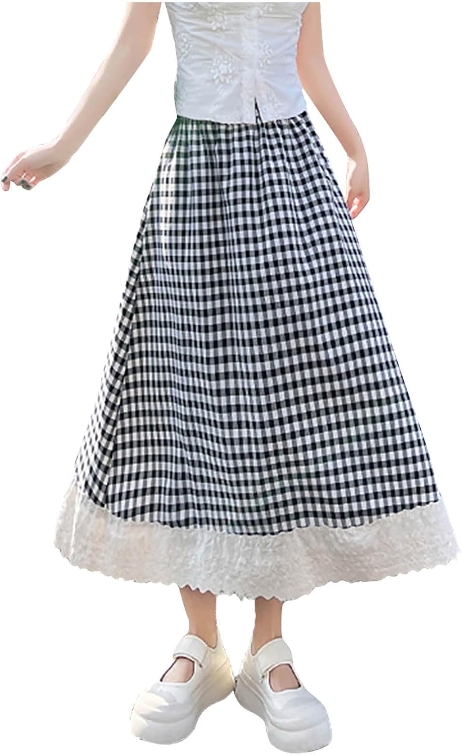 Gingham Long Skirts for Women Lace Lolita Maxi Plaid Skirt A Line High Waist Summer Casual Trendy Cute Skirts