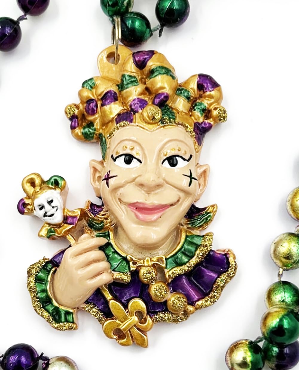 Jester with Staff Mardi Gras Bead Necklace Cajun Carnival Festival Parade