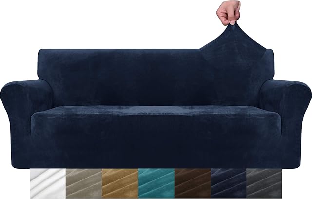 MAXIJIN Thick Velvet Sofa Covers 3 Seater Super Stretch Non Slip Couch Cover for Dogs Cat Pet Friendly 1-Piece Elastic Furniture Protector Plush Sofa Slipcovers (3 Seater, Navy Blue)