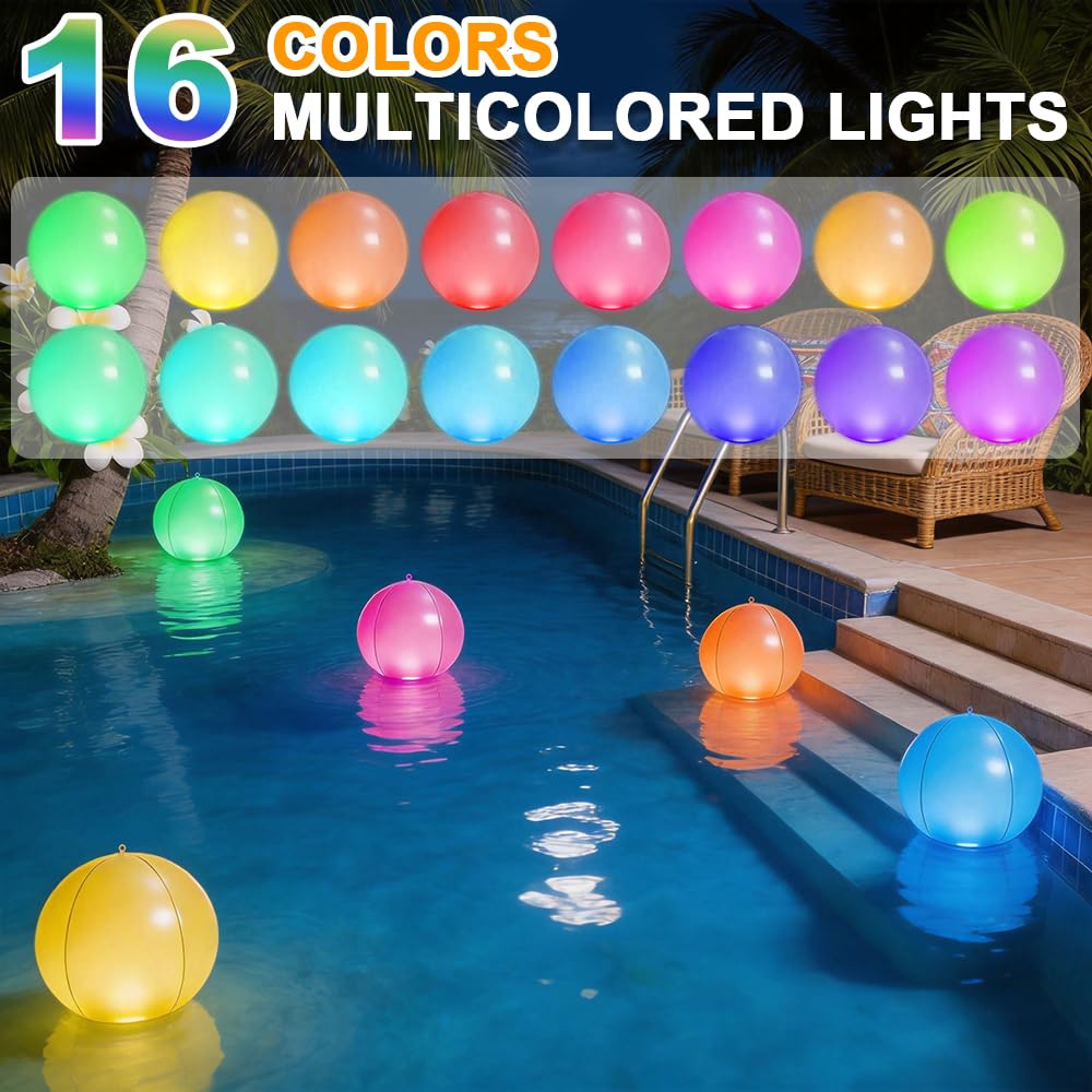2 Piezas Luces Flotantes Piscina Solares, 34cm Inflables Bolas Luces solares Piscina, 16 RGB Luces Flotantes Piscina con Mando a Distancia, Impermeables Bolas de Luz LED para Piscina, Jardin