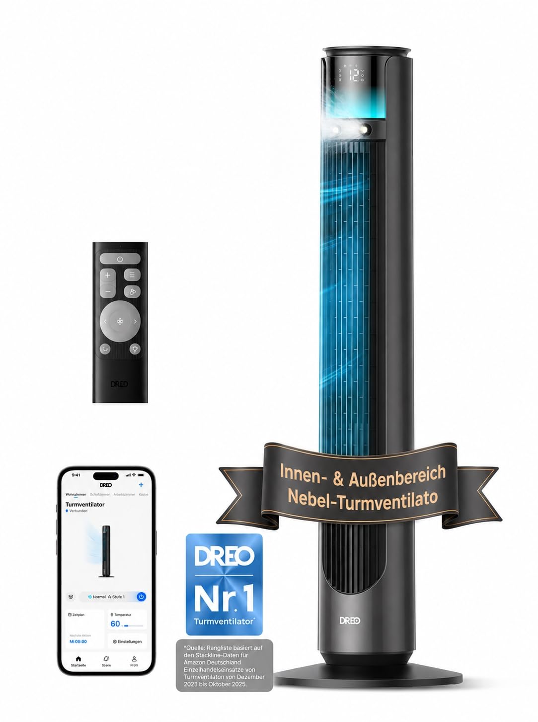DREO TurboCool Outdoor Nebelventilator 711AS, 10 m/s Leistung, 12 Stufen, 4 Modi, intelligenter Standventilator, 150° Oszillation, 20 dB leise, DC-Motor, wetterfest, für Innen- & Außenbereich