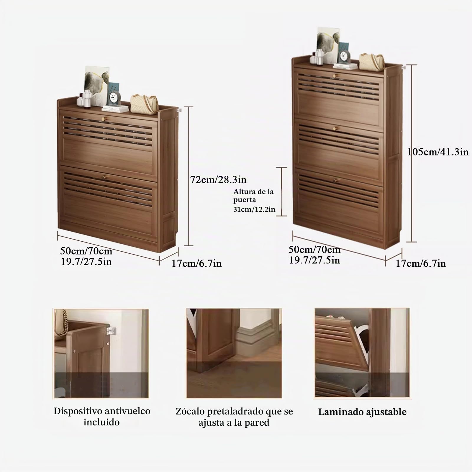 Armario Zapatero Estrecho De Bambú, Mueble Zapatero con 2/3 Puertas Abatibles, Zapateros Estrechos Y Altos para Pasillo De Casa, Dormitorio Y Recibidor, Ancho 17cm