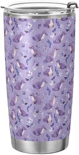 Linda botella de acero inoxidable de ornitorrinco morado con popote y popote resistente a las fugas, tazas para mujeres para exteriores, vaso