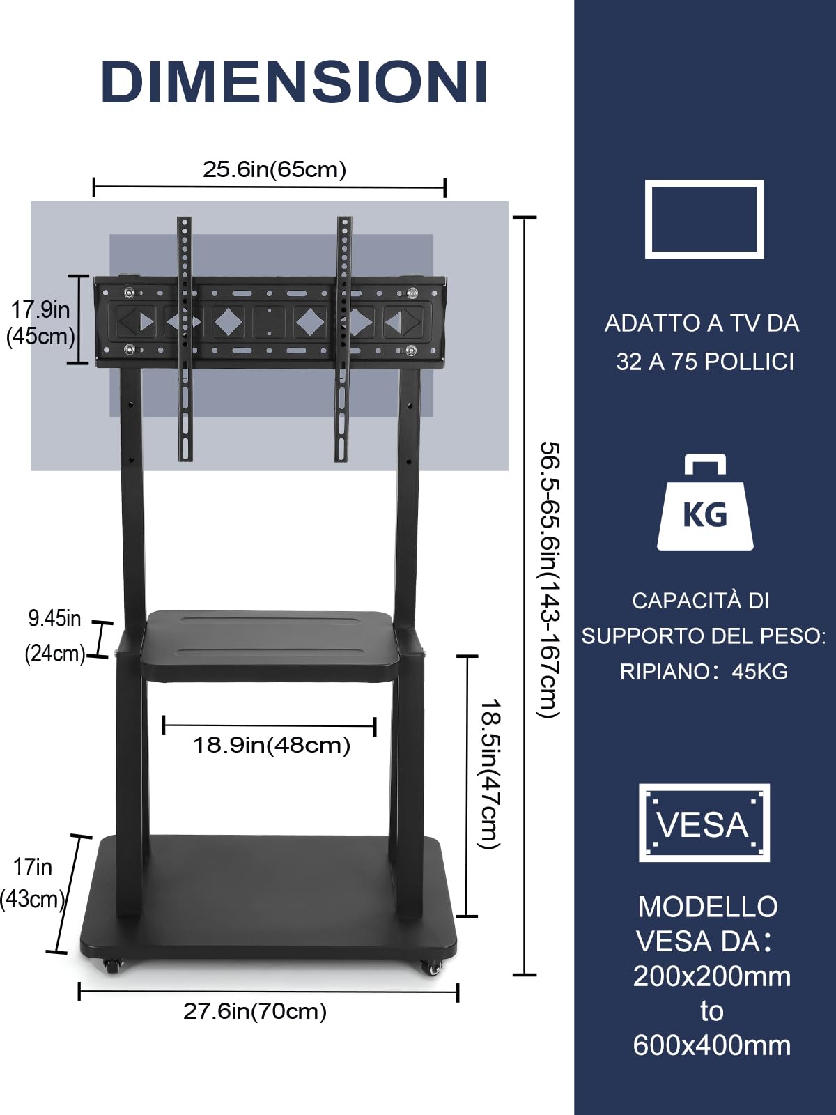 Supporto TV da Pavimento per Schermi Piatti/Curvi Da 32-75 Pollici LED/LCD/OLED, Altezza Regolabile, Carrello Porta TV con Ruote Fino a 45kg, con Mensola per Laptop o DVD,Nero