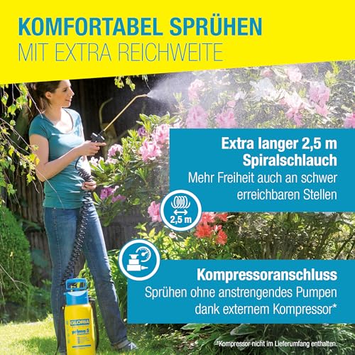 GLORIA Drucksprüher prima 5 Comfort | 5 L Gartenspritze mit Spiralschlauch & Kompressoranschluss | Komfort Drucksprühgerät für Pflanzenschutz, Gartenpflege, Düngung & Unkrautbekämpfung