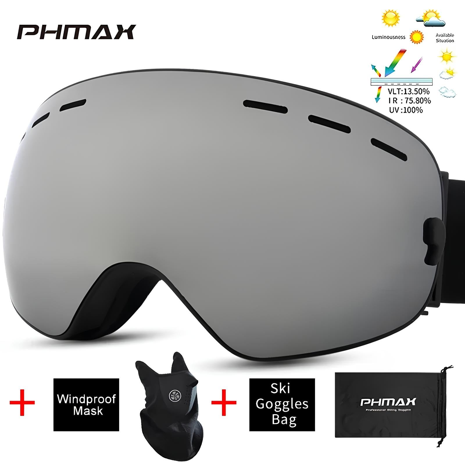 PHMAX - Máscara de esquí para hombre y mujer, gafas de esquí snowboard para moto de nieve sin montura 100% UV400, antiniebla, máscara de esquí de invierno