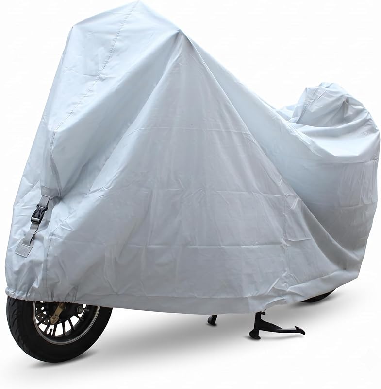 Motorcycle Cover, 55.12" x 94.49" Waterproof Sunproof Cover, Foldable Tear-resistant Outdoor Protector for Four Seasons, Universal for Most Motorcycles Scooters Bicycles (White)