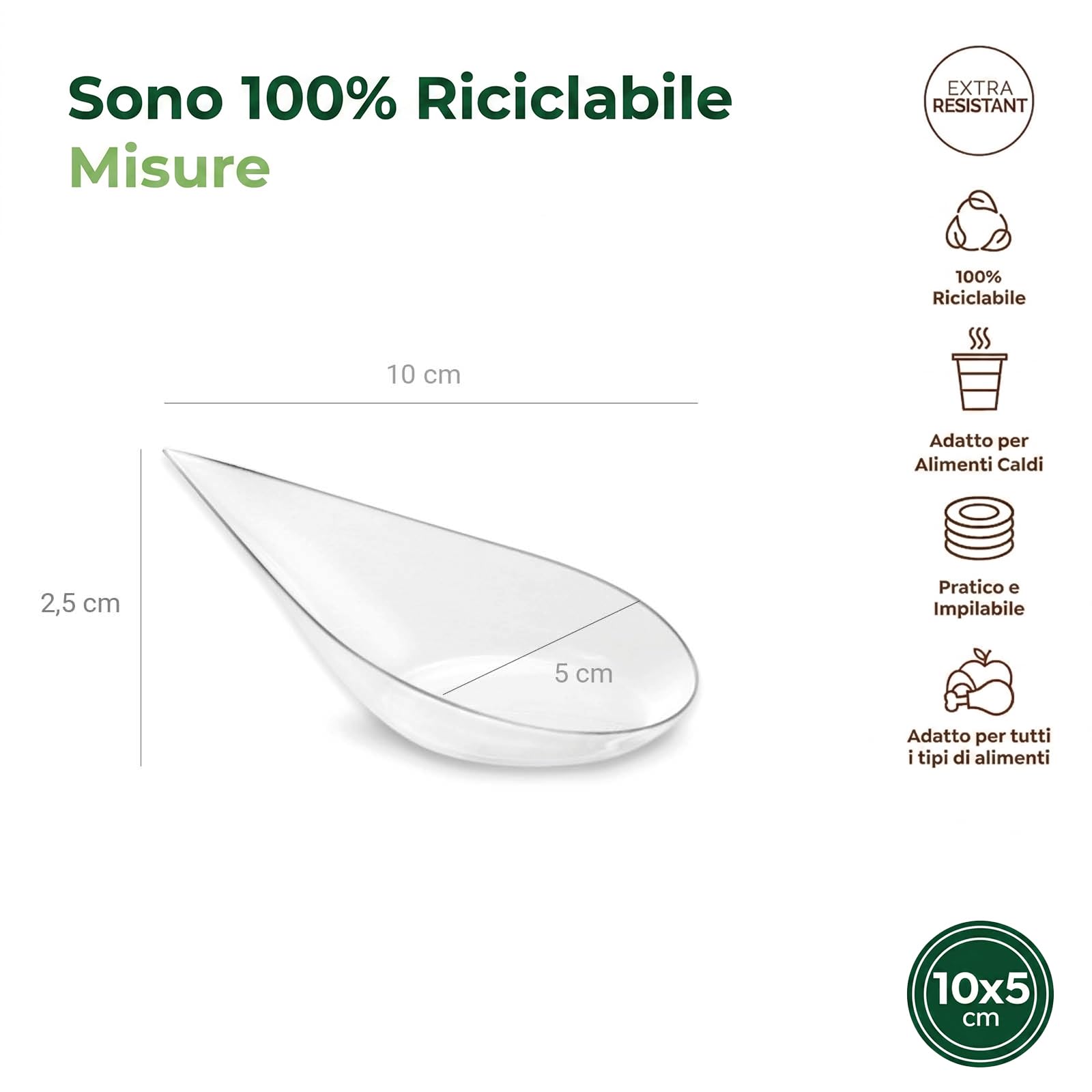 50 unità Cucchiaio Catering a Forma di Lacrima Colore Trasparente - 10,1 x 5 cm - Cucchiaio Catering in Plastica Riciclabile - Ideale per Catering, Eventi, Degustazioni, Food Truck