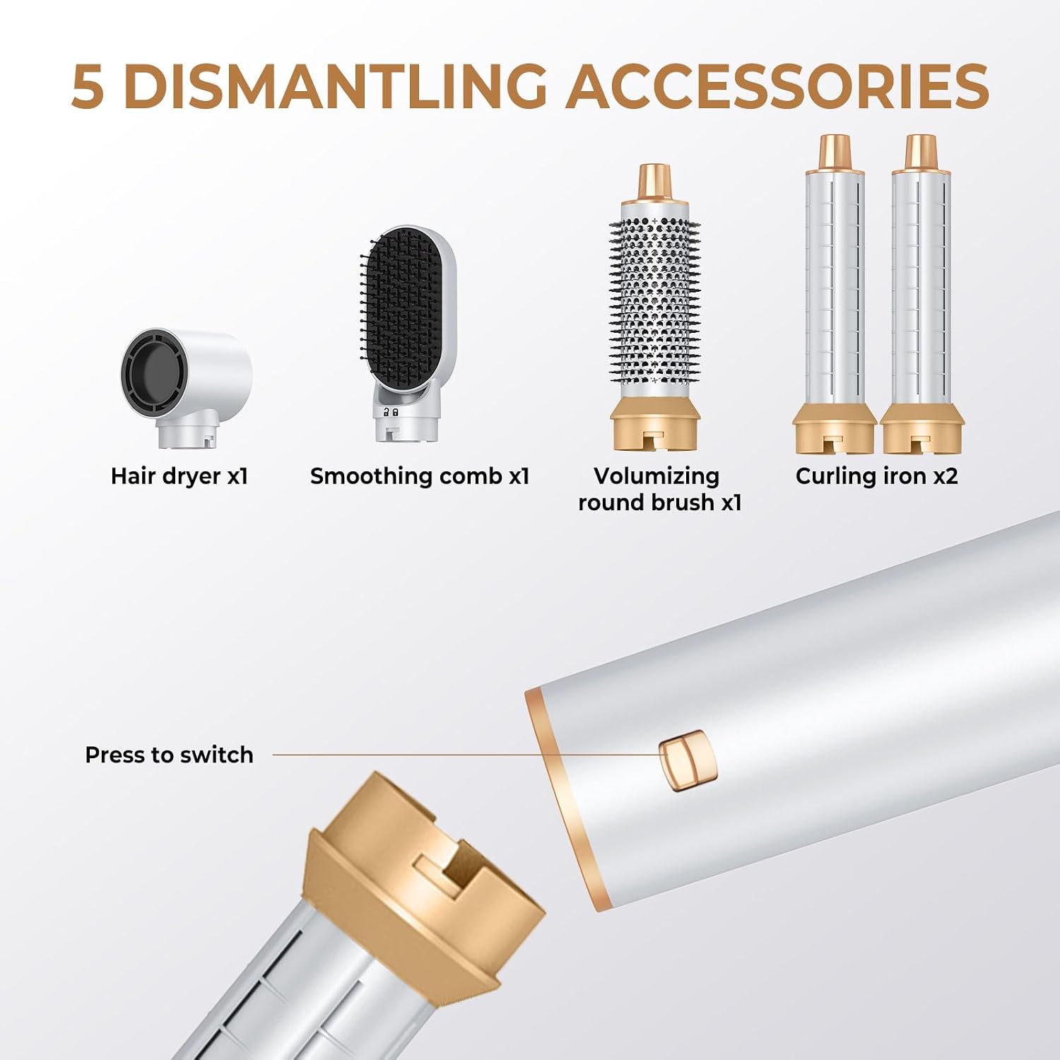 Hair Dryer Brush 5 in 1, Blow Dryer Brush Set with Air Curler Wrap Hair Styler, Negative Ionic Blow Dry Brush, Detachable Hair Tool for Curling, Volumizer,Straightener,Drying