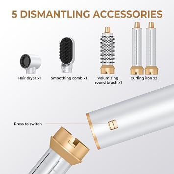 Hair Dryer Brush 5 in 1, Blow Dryer Brush Set with Air Curler Wrap Hair Styler, Negative Ionic Blow Dry Brush, Detachable Hair Tool for Curling, Volumizer,Straightener,Drying