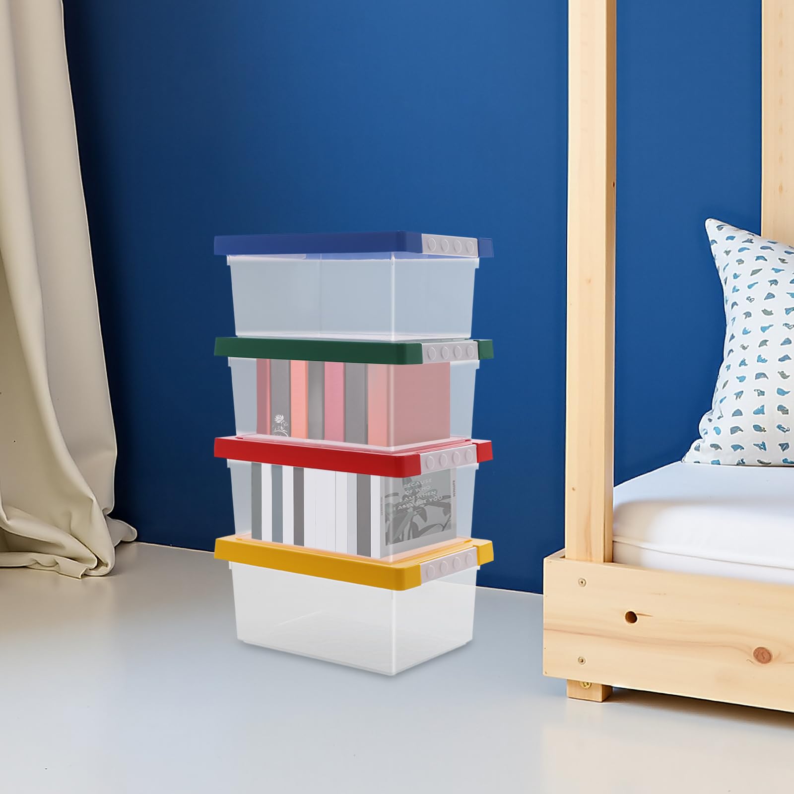 4 pezzi di mattoncini da costruzione con coperchio, impilabile, scatola per giocattoli in plastica, scatole di assortimento per giocattoli