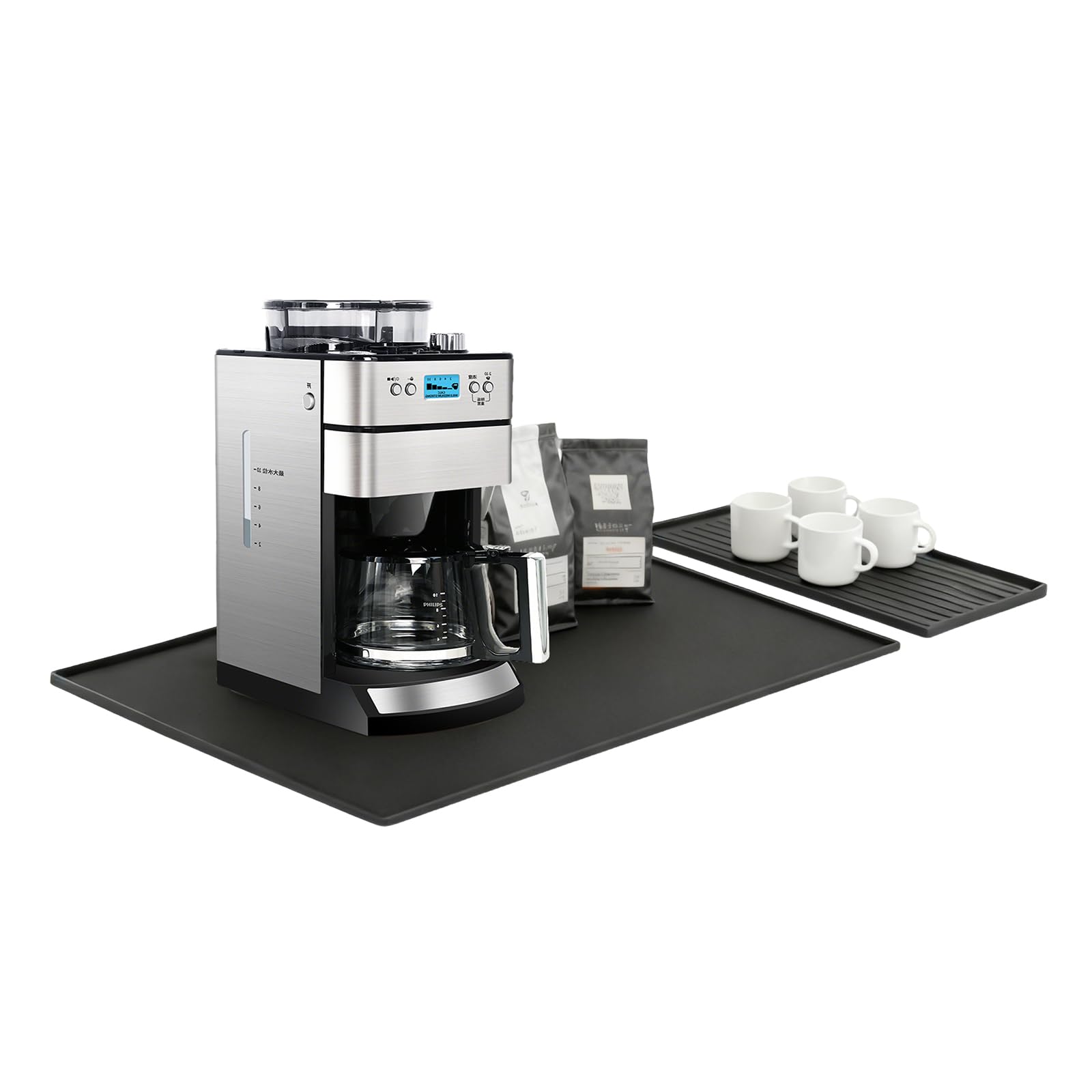 Silicone coffee mat, 24 inches × 16 inches bar mat, suitable to be placed under coffee machines and dish racks (black)
