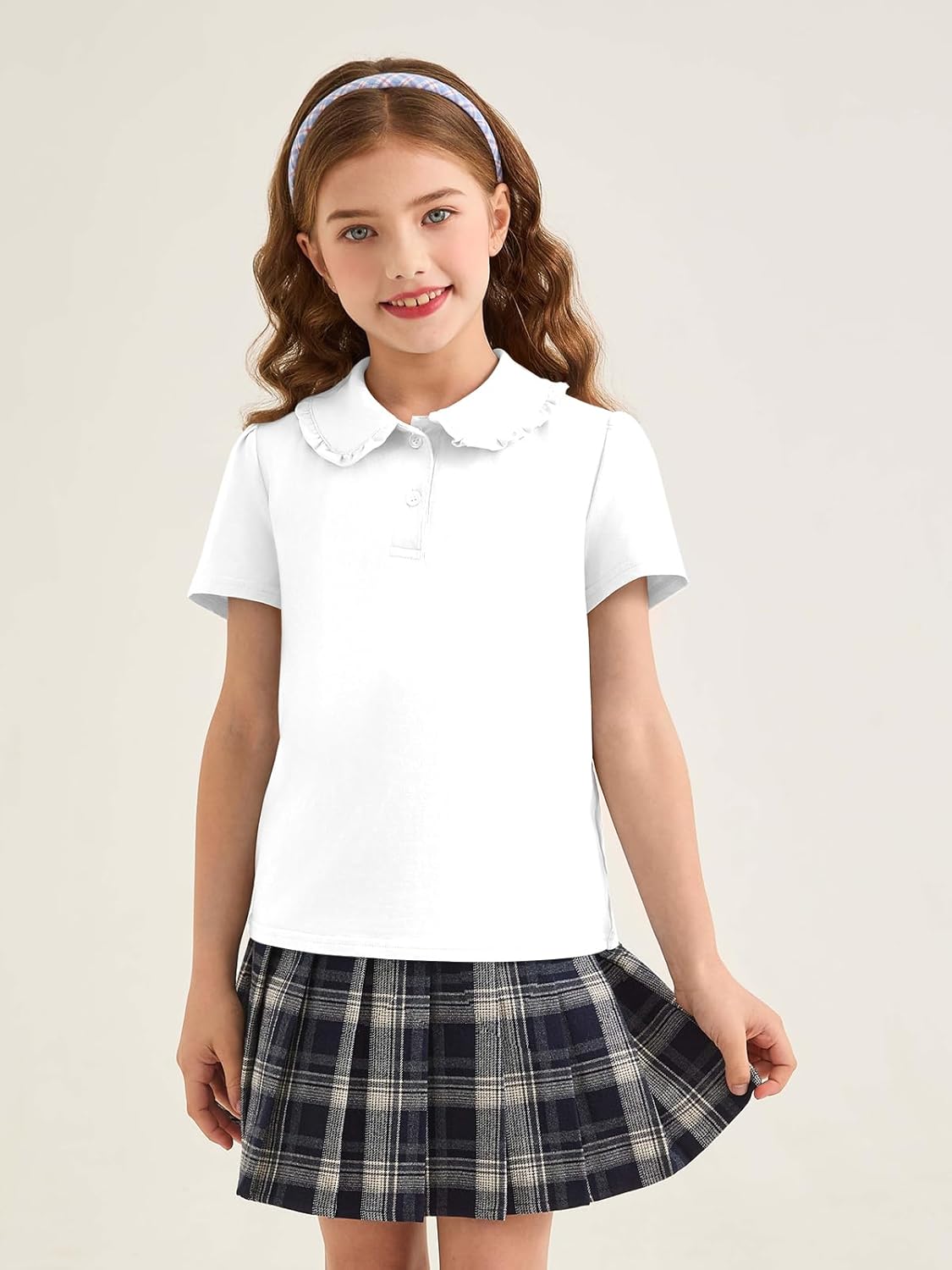 Haloumoning Girls Short Sleeve Polo Shirt Kids Cute Ruffle Peter Pan Collar School Uniform Shirts Tops 5-14 Years - Image 5
