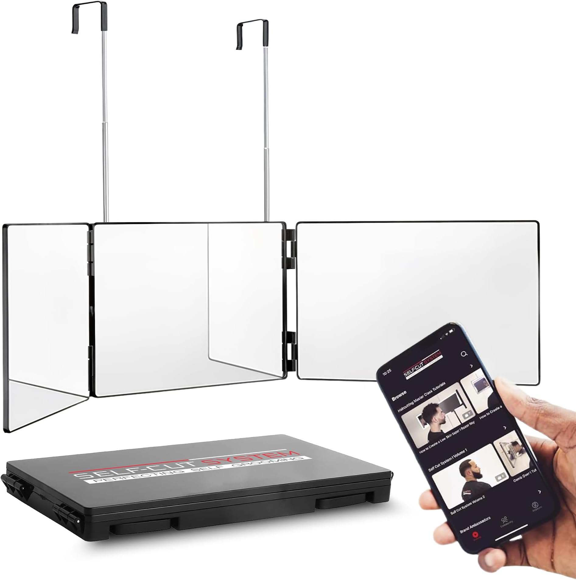 Self Cut System Travel Version - Three Way Mirror for Self Hair Cutting with Height Adjustable Telescoping Hooks and Free Educational Mobile App
