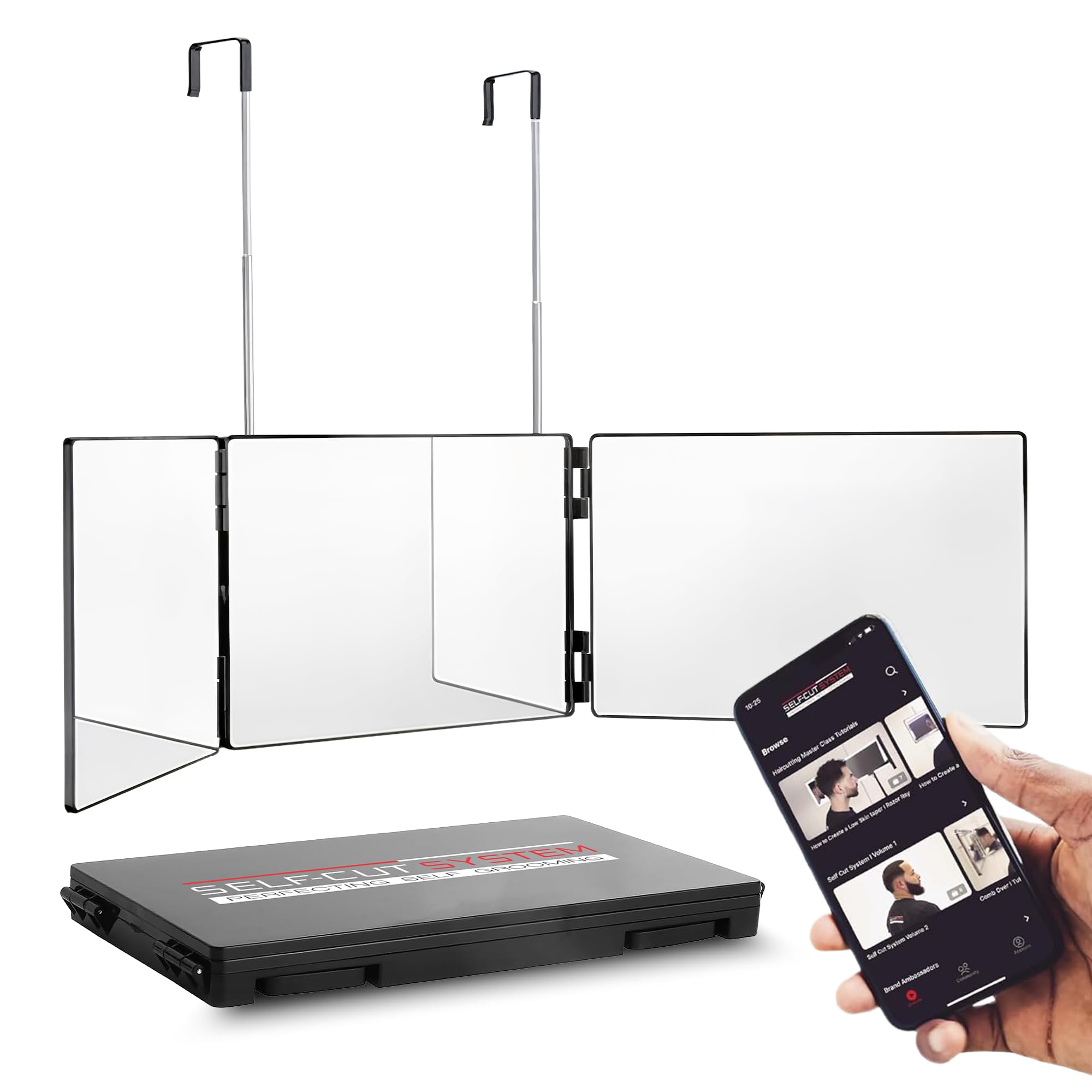 3 Way Barber Mirror with Height Adjustable Hooks, 360 Trifold Self Cut Mirror for Haircuts for Men and Women, Travel-Friendly, Three-Way Design for Easy Grooming & Styling