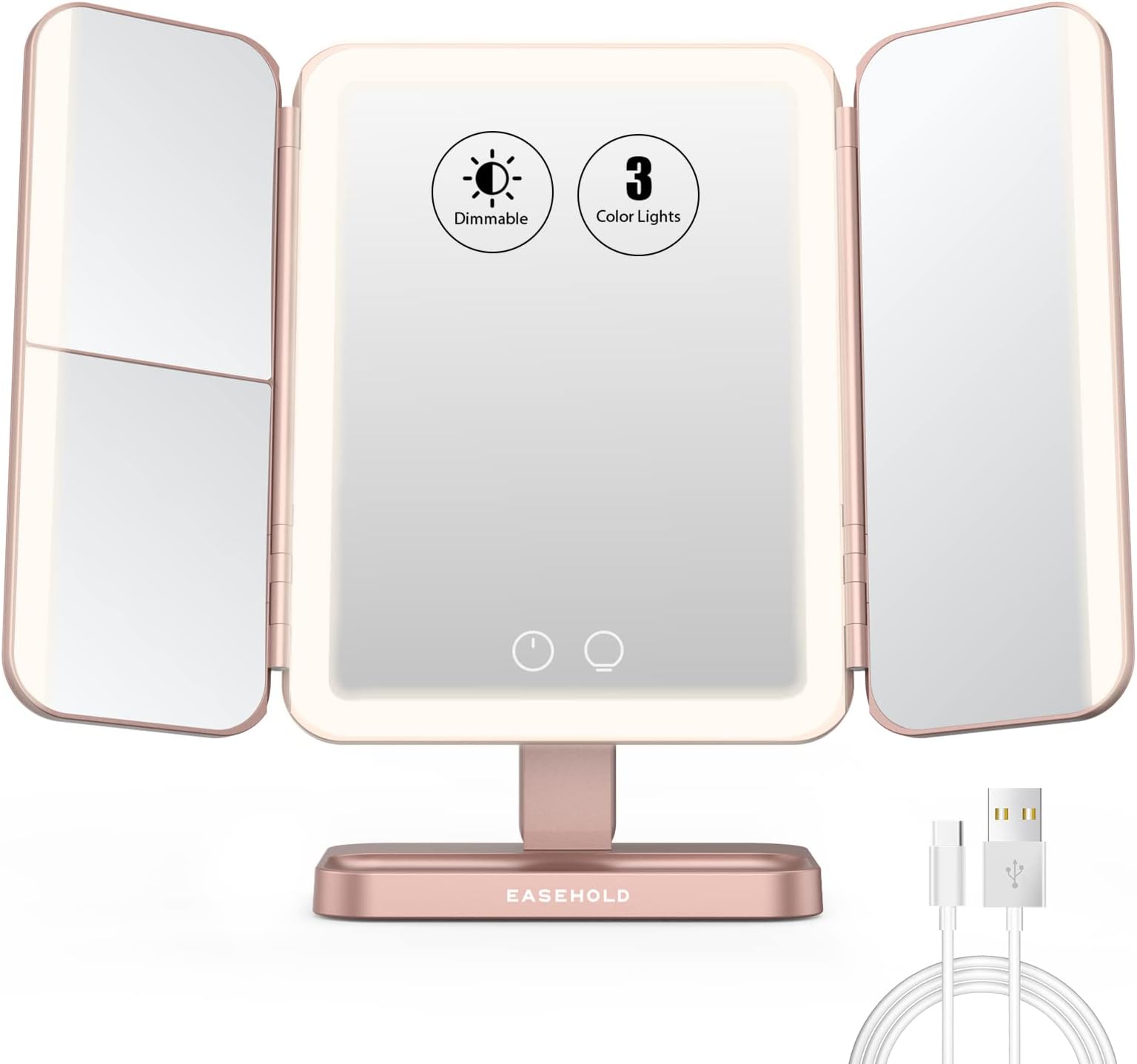 EASEHOLD Vanity Makeup Mirror 116 Led Lights,5000mAh Rechargeable,Adjustable 3 Color Lighting Modes, 2x/3x/10x Magnifying, 180° & 90° Rotation for Countertop Cosmetic, Rose Gold