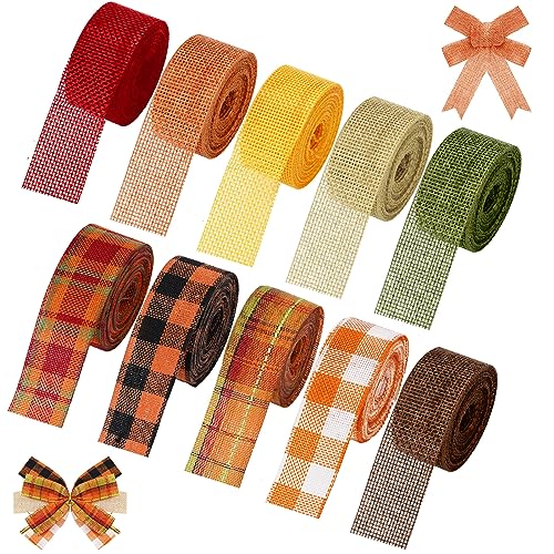 Whaline 10 Rolls 50 Yard Fall Plaid Burlap Ribbon 1 Inch Decorative Wrapping Ribbon for Autumn Thanksgiving DIY Crafts Bow Wreath Making Supplies