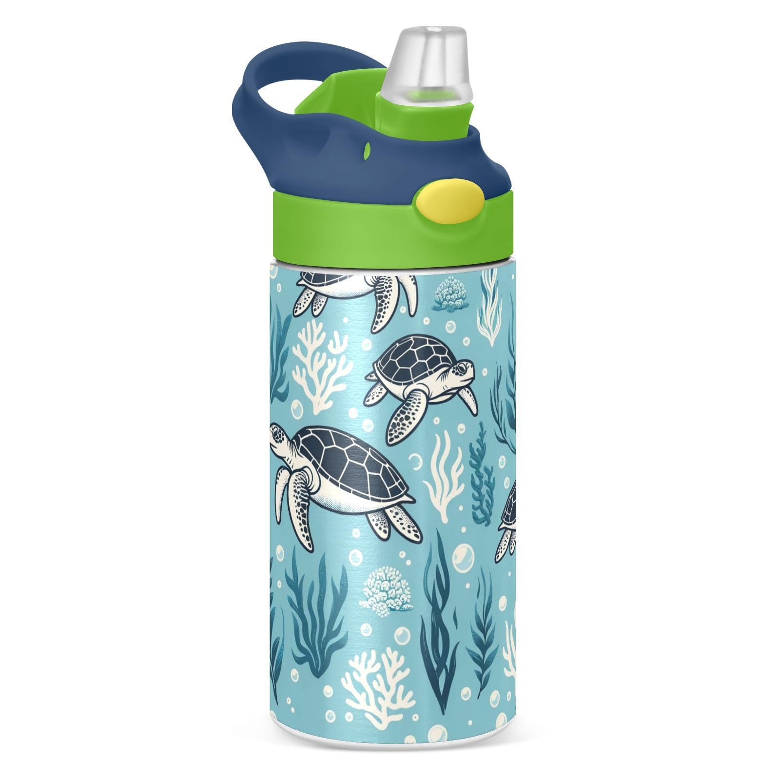 Turtle Water Bottle with Straw Lid Kids Blue Ocean Insulated Tumbler with Handle Stainless Steel Reusable Toddlers Cup for Kids Boys 12 oz