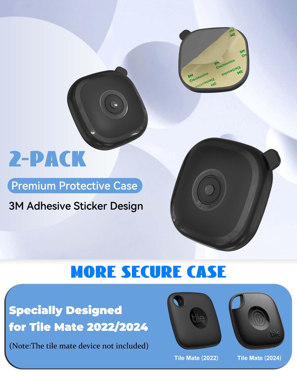 (2 Pack) Adhesive Case for Tile Mate 2024 Tracker with Sticker, Hidden Full Protective Anti-Lost Scratch Resistant Silicone Cover for Tile Life360 Mate Tracker Waterproof Tile Holder (Black+Black)