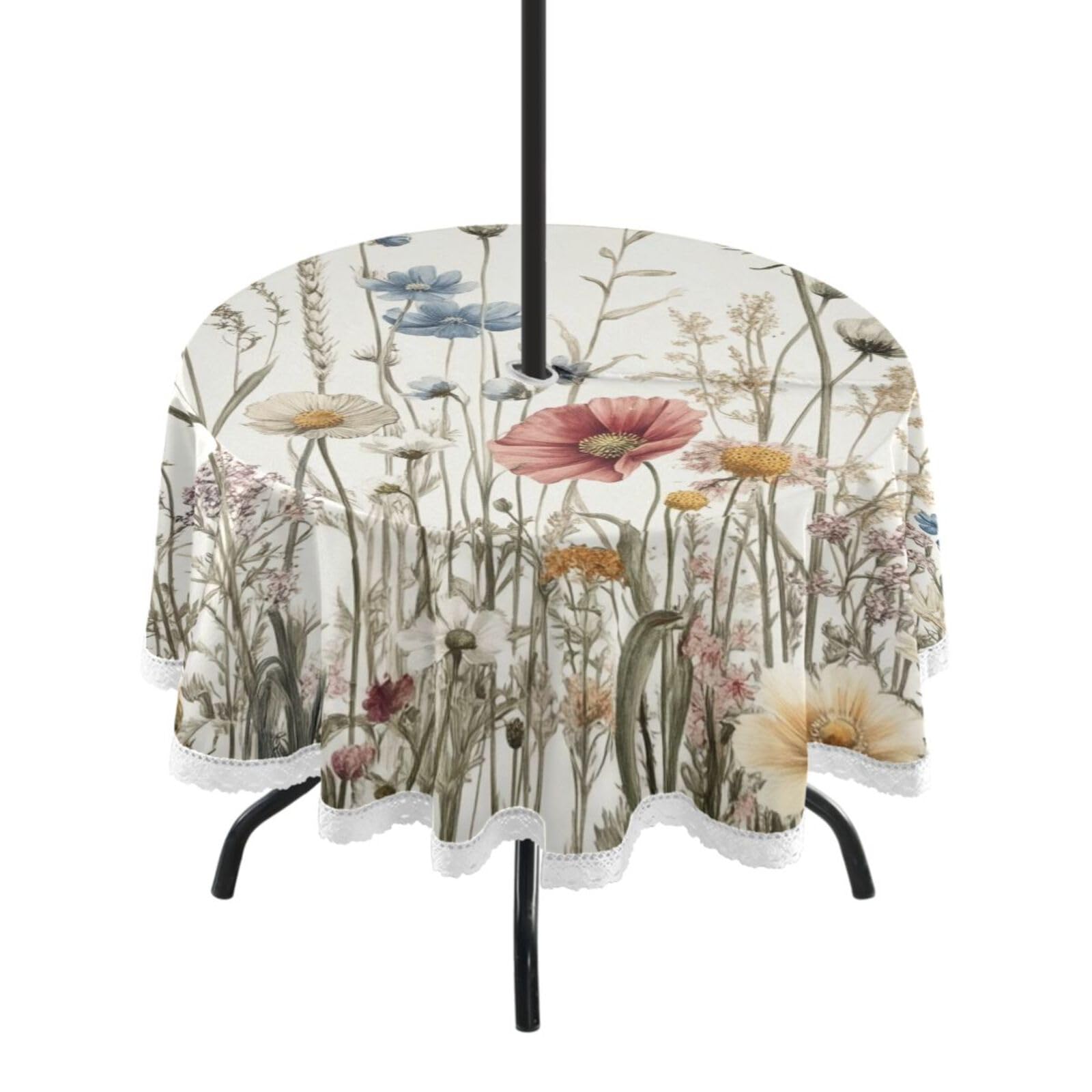 Ttgoth Wildflowers Outdoor Table Cloth 152 cm Water Stain & Resistan Tablecloth Wipeable Table Cover with Parasol Hole & Zipper for Garden Patio Party Picnic
