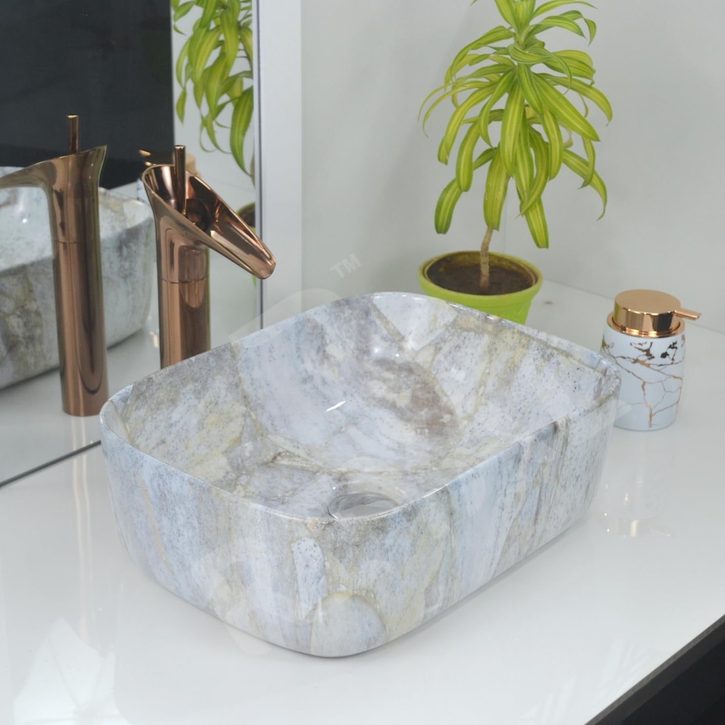 Reyal Marble Wash Basin - Ivory Gold Vessel Sink -12