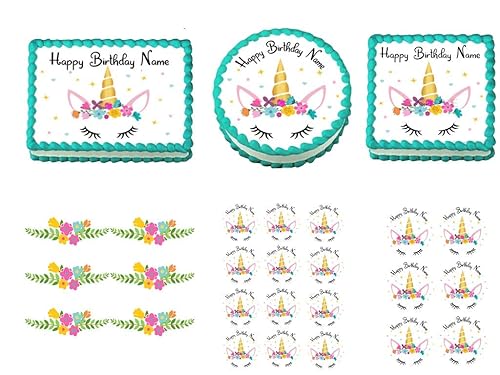 Miniatura 2 de Cabeza de unicornio floral de 12 hoja (16 x 10 pulgadas). Decoración comestible para pastel de fiesta de cumpleaños.