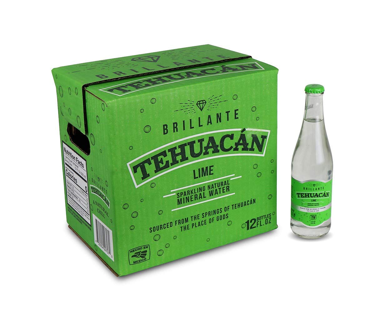 Tehuacán Brillante – Sparkling Water, Naturally Mineralized by Volcanic Rock! Lime Flavor Carbonated Water with Zero Calories, Zero Sugar & Mixes perfectly into your Drinks! (12oz - 12 Pack (Glass))