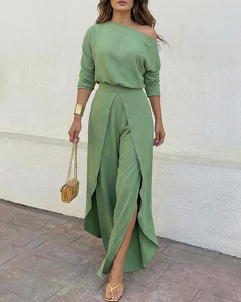 CHICME Women Summer 2 Piece Outfits Off Shoulder Batwing Sleeve Top Flowy Slit Wide Leg Pants Sets Trave Matching Set - Image 3