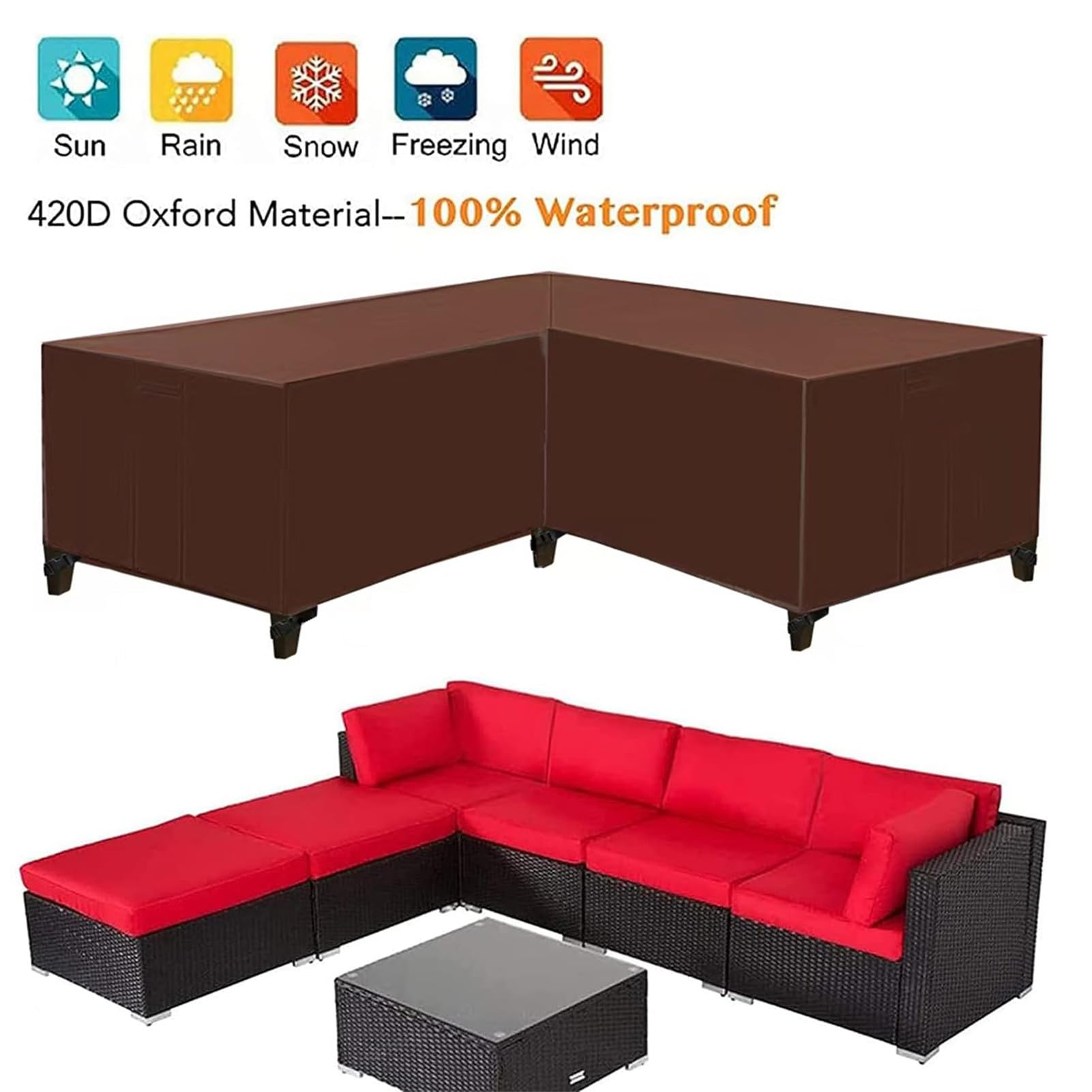 Coperture per Divano Angolare da Giardino, Copridivano Angolare Esterno Impermeabile Copertura Protettiva, per Forma di L Mobili da Giardino A Forma di V (260x192x82cm,caffè)