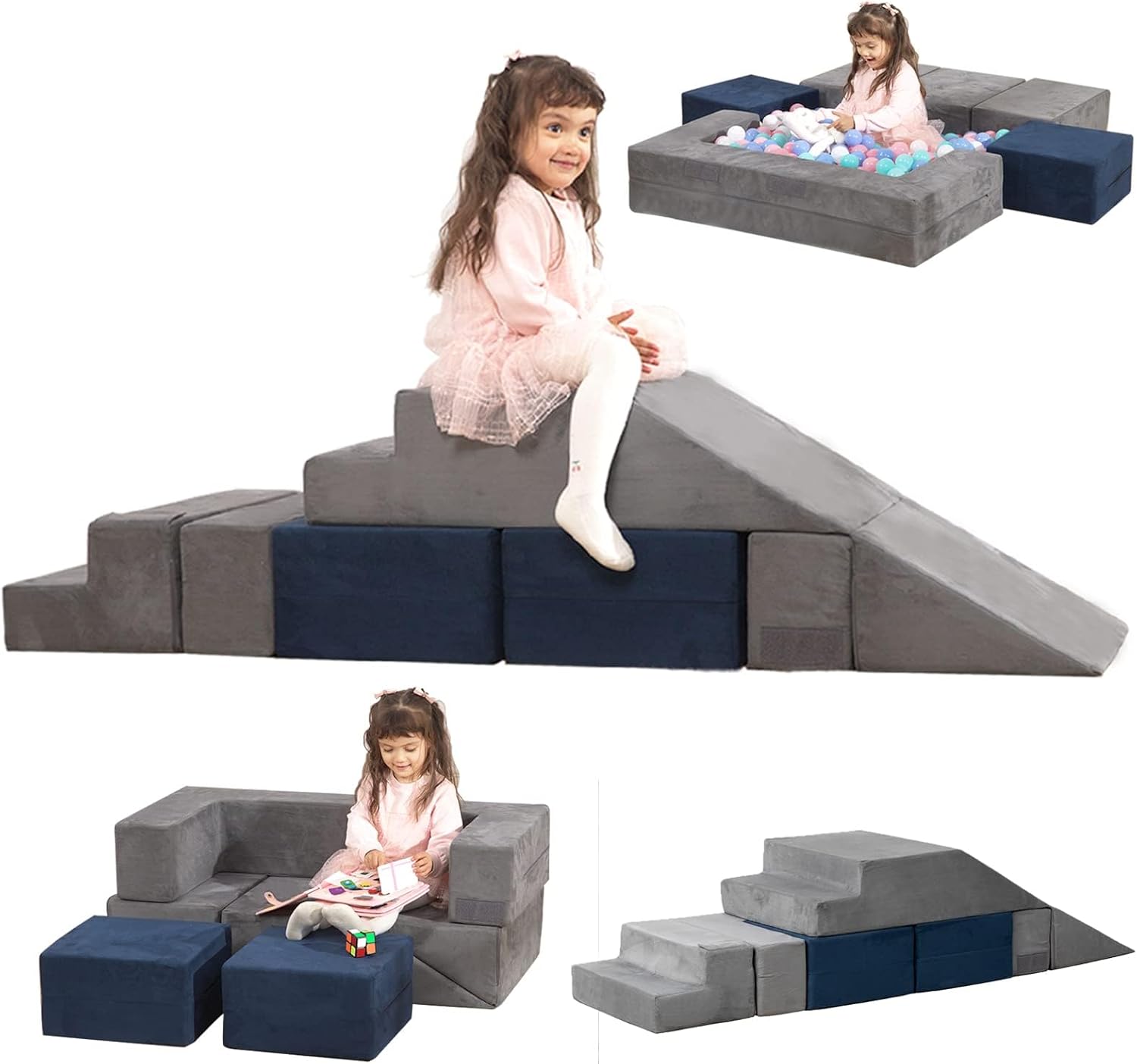 Play Couch Sofa for Kids Tunnel Climber Fold Out Sofa Convertible Climb and Crawl Foam Playset for Creative Child Girls and Boys Playroom (Gray & Blue)