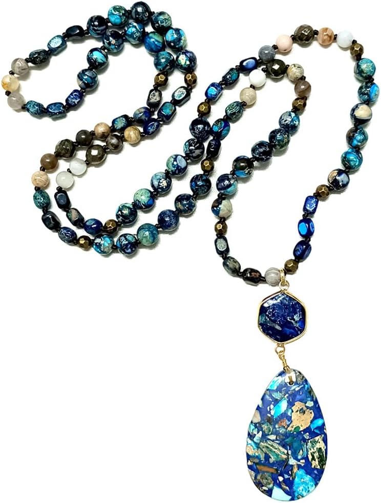 Yomisa Boho Necklaces for Women/Men Trendy,32/35/36 Inch Natural Stone Beaded Long Pendant Necklaces for Womens,Handmade Bohemian Fashion Chakra Chunky Statement Charm Necklace Jewelry Gift