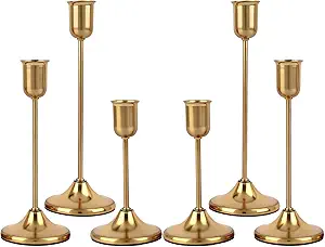 Gold Candlestick Holders Taper Candle Holder for Candlesticks Metal Set of 6 Vintage Centerpiece for Dining Table Wedding Christmas Thanksgiving Fireplace Home Decor Gift 007-TB-6