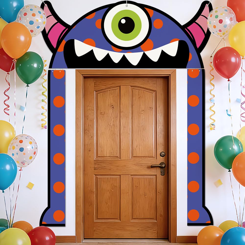 SUPERDANT 3Pcs One-Eyed Monster Porch Banner Set Photo Booth Backdrop Supplies Wall Hanging Sign for Door Lawn Archway Photography Backdrop Supplies Monster Party Kids Birthday Halloween Decor