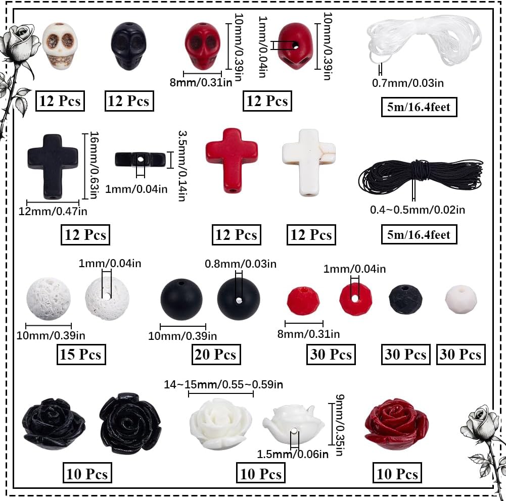 SUNNYCLUE 227Pcs Halloween Beads Kit - Mixed Stone - Skull, Rose, Cross, Round Shapes - DIY Jewelry Making Kit - Adults - Mixed Color