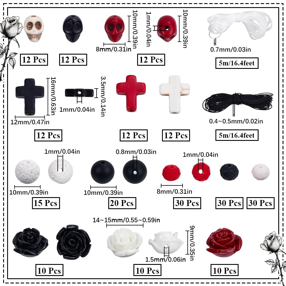 SUNNYCLUE 1 Box 227Pcs Halloween Beads Kit Skull Beads Rose Flower Beads Lava Rock Turquoise Bead Stone Cross Bead Red Black White Gemstone Spacer Beads for Jewelry Making Kits Adults DIY Supplies