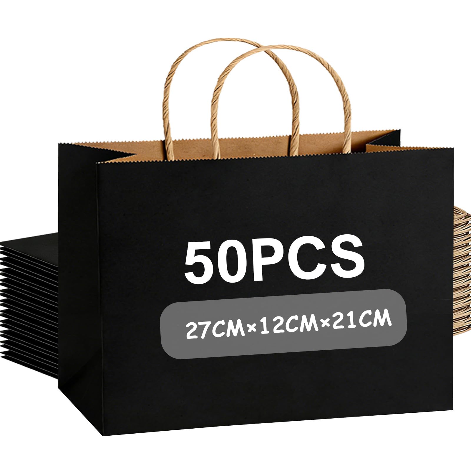 Weifeng 50 Pcs Black Gift Bags 27x12x21cm Strong Carrier Bags Thicken 130gsm