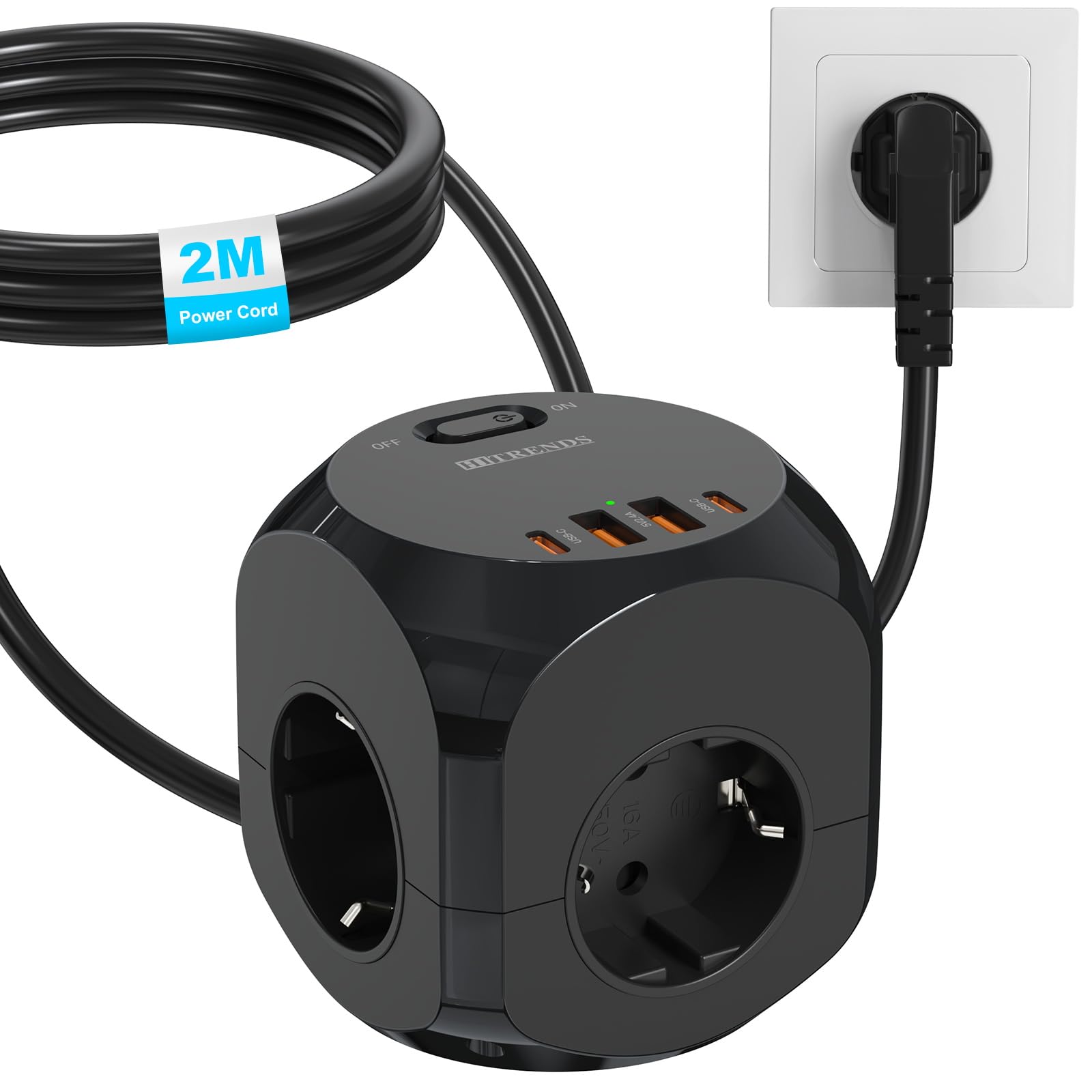 Prise de table 8 en 1 avec cube USB, cube de prise avec câble de 2 m