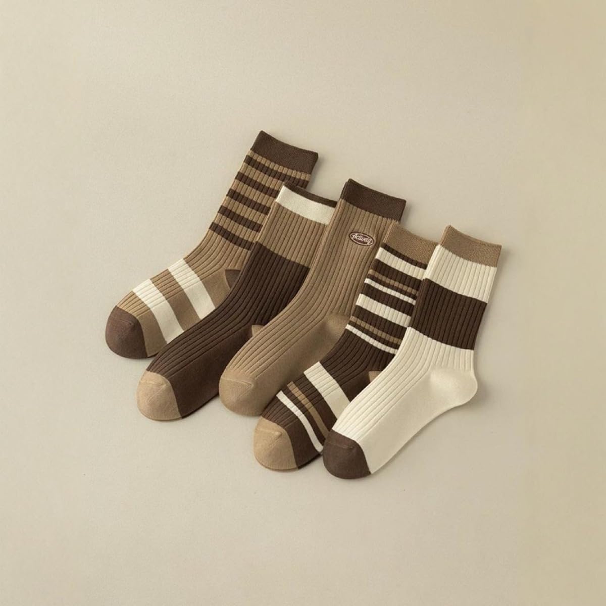 Women's Ribbed Crew Socks 5-Pack - Brown & Beige Striped Pattern, Soft Cotton Blend Neutral Tone Socks for Women & Teens, Comfortable Everyday Socks (Fits Shoe Size 5-9)