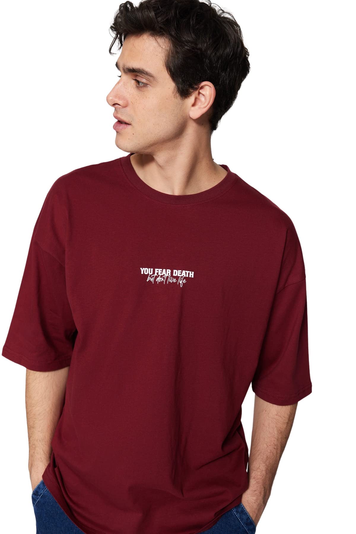 Trendyol Man Oversize Basic Crew Neck Woven T-Shirt,Burgundy,L