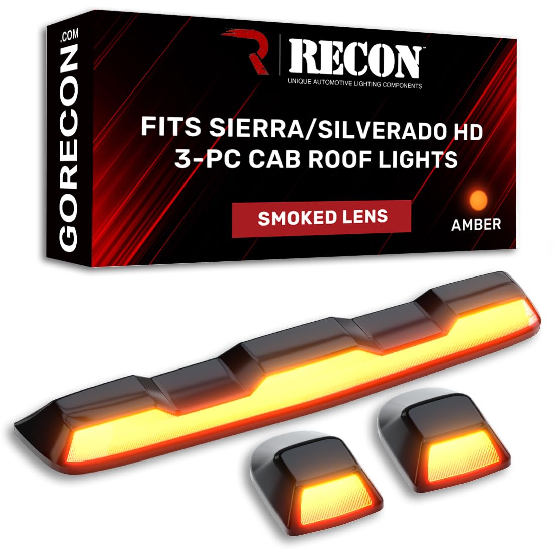 RECON PREMIUM Fits 2020-2024 Sierra & Silverado 2500/3500 Heavy Duty Ultra Bright Amber LED Cab Roof Lights (Replaces Factory/OEM Cab Lights Only) (AMBER LED, SMOKED LENS)