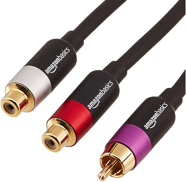 Amazon Basics RCA Y-Adapter Splitter with 2-Female on One End and 1-Male RCA Cable, Gold-Plated, Black, 12 Inches/30.4 cm