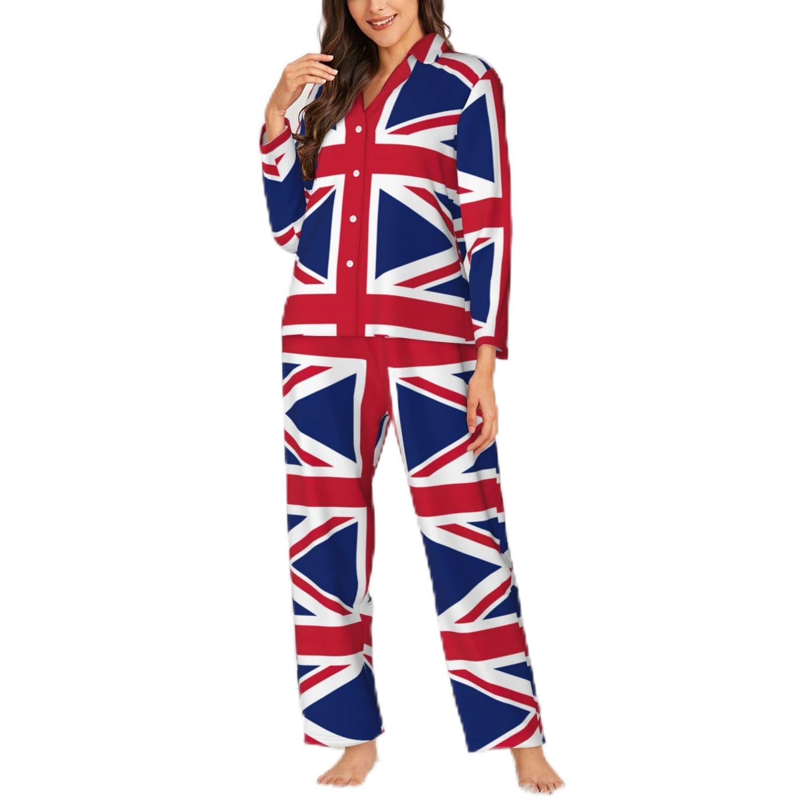 Fgwaauh Women's Black British Flag Pajamas Set 2 Piece Long Sleeve Sleepwear Button Down Pjs Lounge Set Nightwear
