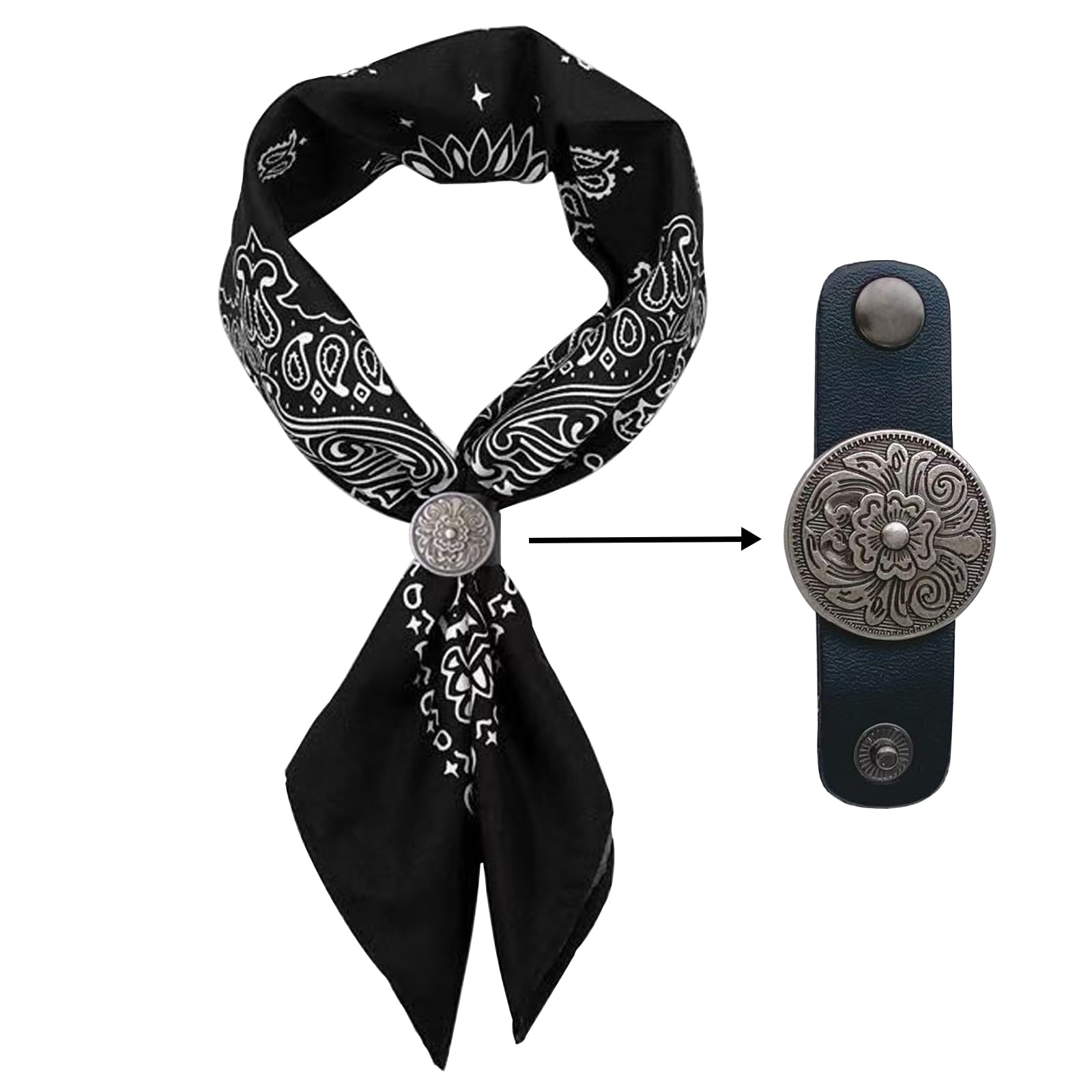 27.5 * 27.5 inches Oversize Bandana Scarf Set with Antique Silver Floral Buckle, Black Paisley Pattern, Leather Scarf Ring, Handmade Leather Ring Buckle, Gifts for Men