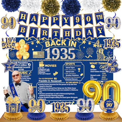 Image of 90th Birthday Decorations for Men Women Navy Blue Gold Vintage Back in 1935 Banner Happy 90th Birthday Honeycomb Centerpiece Hanging Swirls Sash Paper Pompoms Decor for Cheers to 90 Years Old Supplies